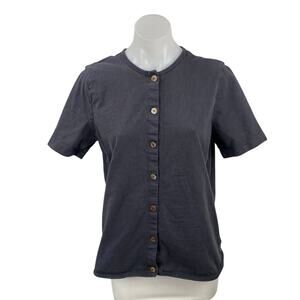 Fenini Sport Women's Black Short Sleeve Crew Neck Button Down Shirt Blouse Top S